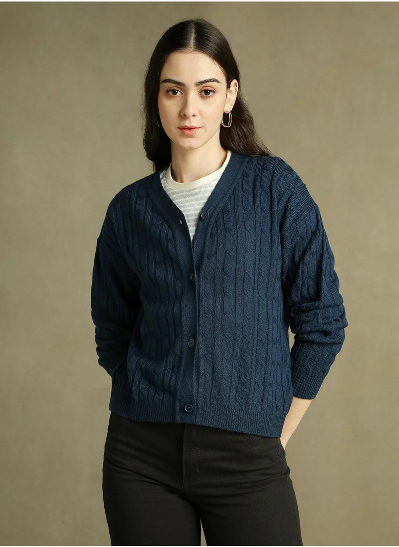 دينيس لينغو Women's Mid Blue 100% Acrylic Solid Regular Fit Sweater