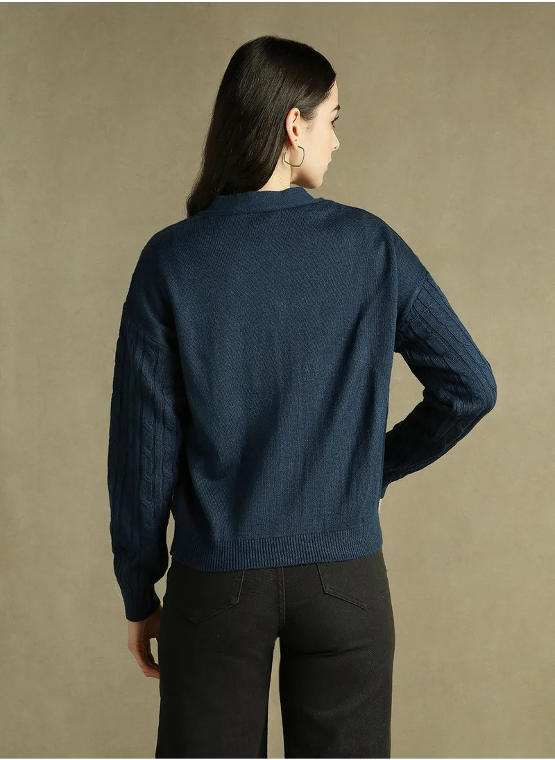 دينيس لينغو Women's Mid Blue 100% Acrylic Solid Regular Fit Sweater