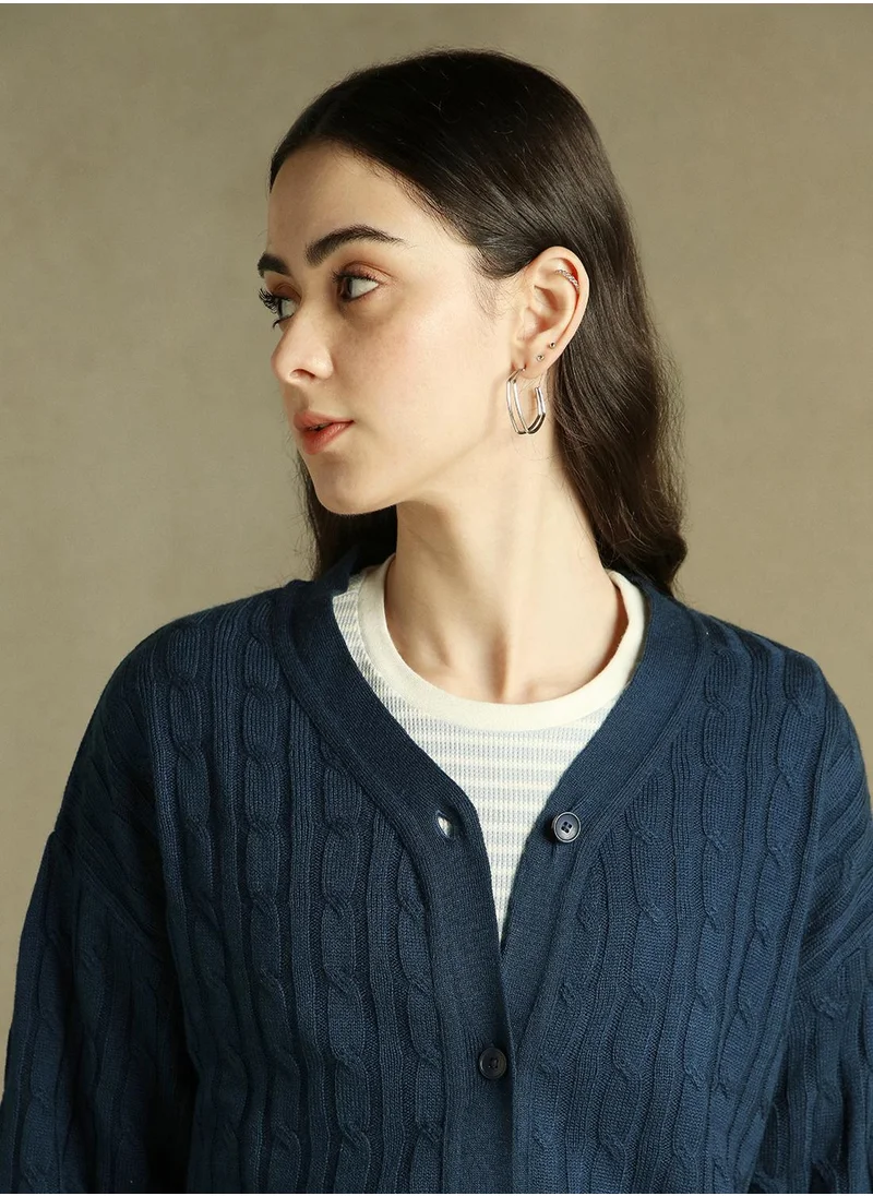 دينيس لينغو Women's Mid Blue 100% Acrylic Solid Regular Fit Sweater