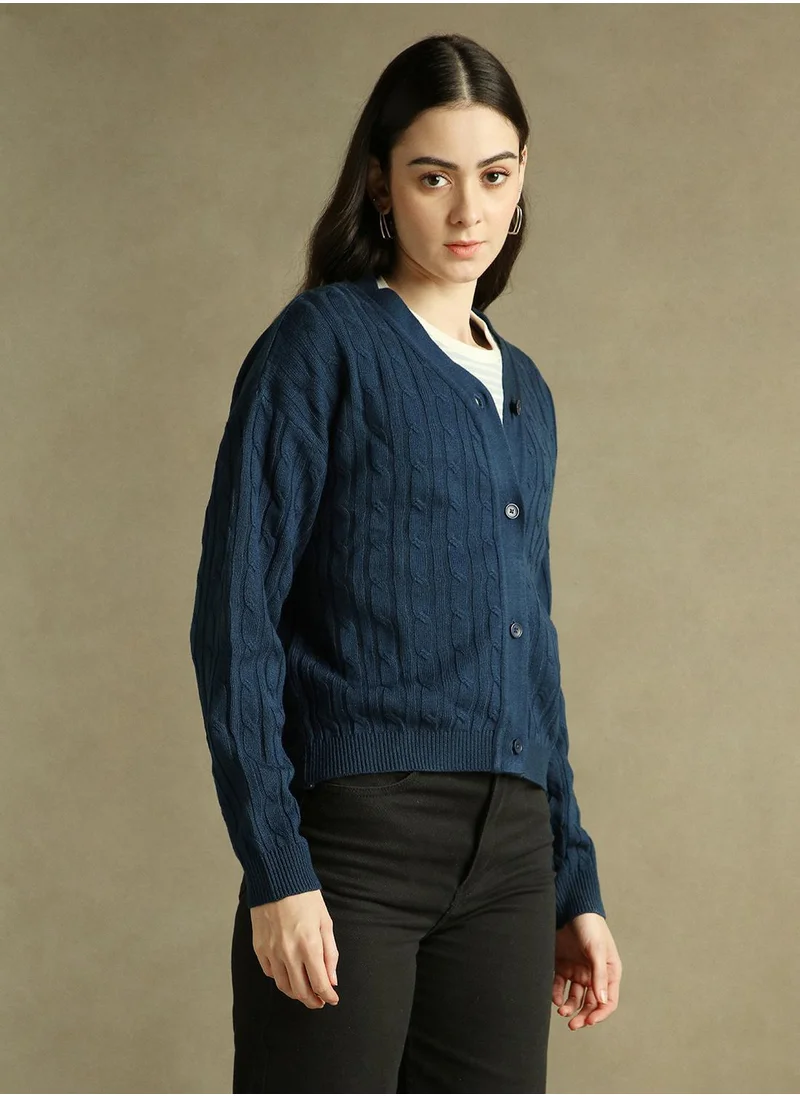 دينيس لينغو Women's Mid Blue 100% Acrylic Solid Regular Fit Sweater