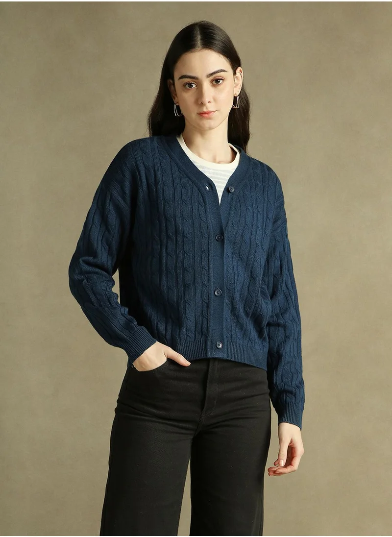 دينيس لينغو Women's Mid Blue 100% Acrylic Solid Regular Fit Sweater