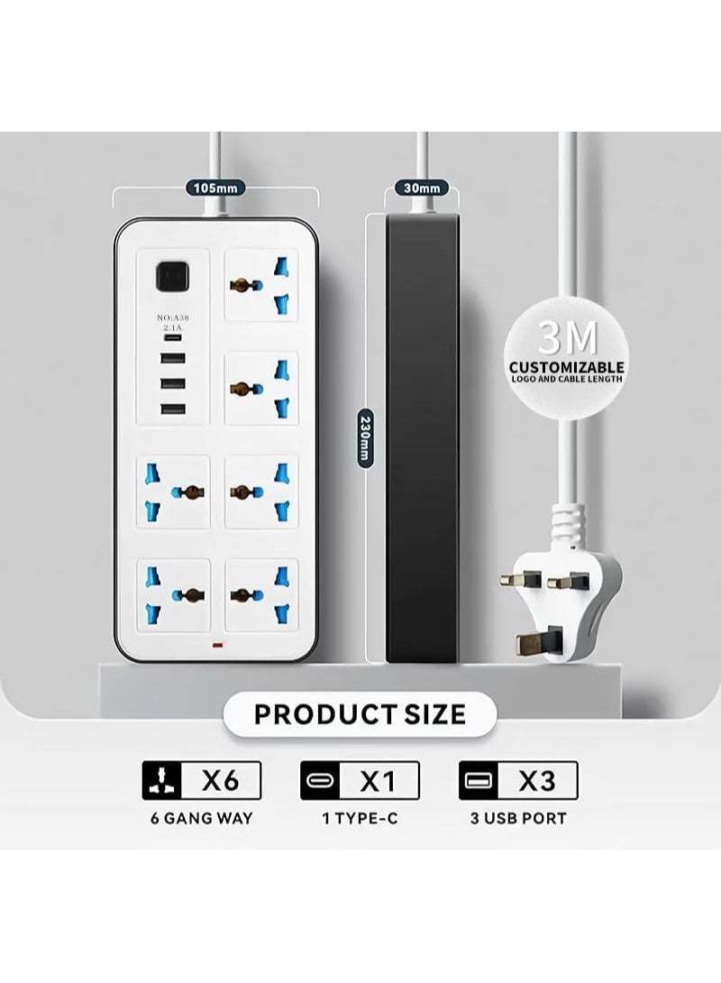 NextHIAS Universal Extension Cord Power Strip 3m – 6 AC Outlets, 3 USB + 1 Type-C PD Port, 2500W 10A Multi Plug Socket with Surge & Overload Protection, Power Extension Board for Home, Office, Kitchen & Travel - Image 2