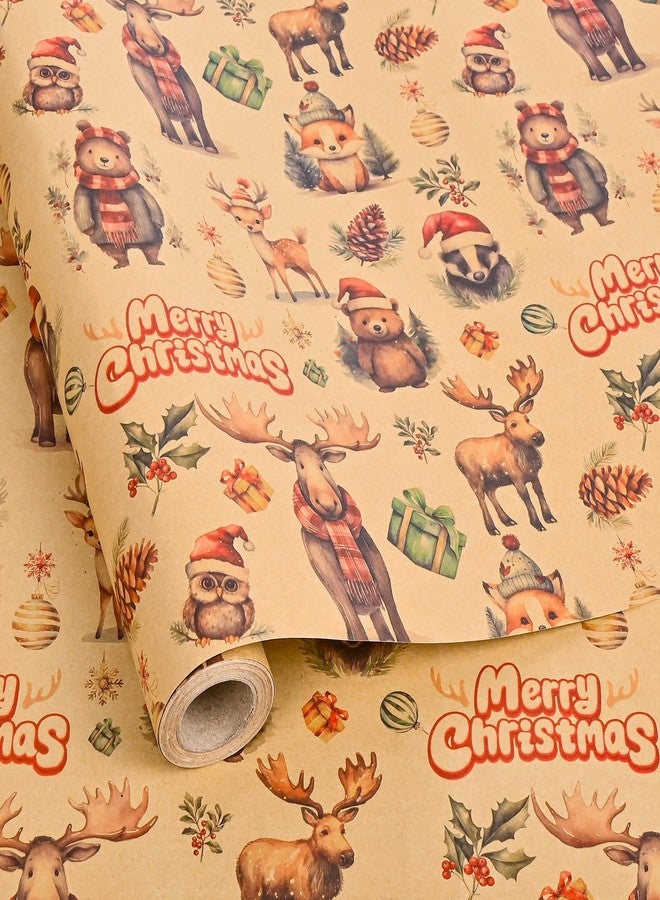 Vnaaem Woodland Animal Christmas Wrapping Paper Roll for Boys kids - Winter Woodland Animals & Santa Hats, Pines Design Kraft Gift Wrap for Holiday Party Celebration Winter DIY Craft - 17 In X 20 Ft(Total 28.5sq.ft - Image 1
