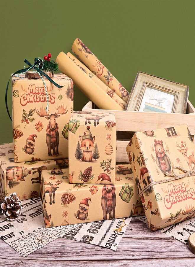 Vnaaem Woodland Animal Christmas Wrapping Paper Roll for Boys kids - Winter Woodland Animals & Santa Hats, Pines Design Kraft Gift Wrap for Holiday Party Celebration Winter DIY Craft - 17 In X 20 Ft(Total 28.5sq.ft - Image 3