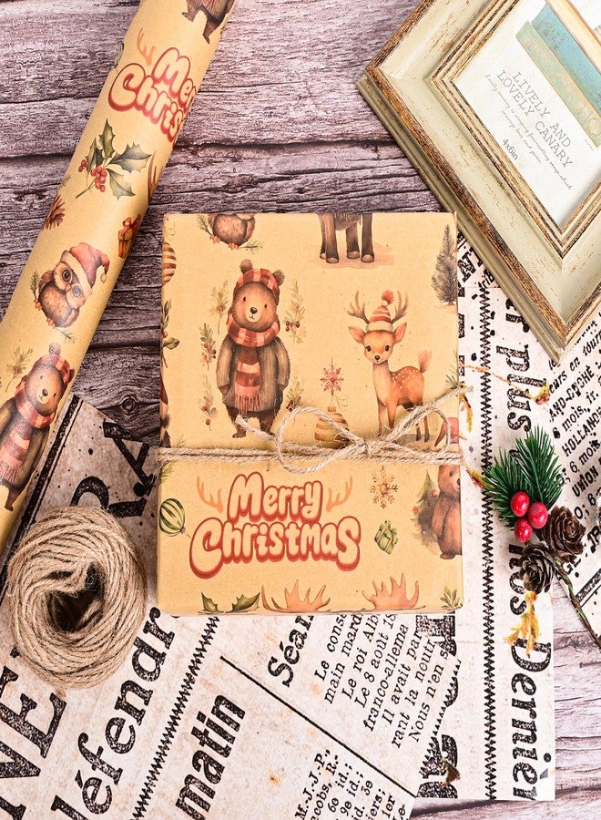 Vnaaem Woodland Animal Christmas Wrapping Paper Roll for Boys kids - Winter Woodland Animals & Santa Hats, Pines Design Kraft Gift Wrap for Holiday Party Celebration Winter DIY Craft - 17 In X 20 Ft(Total 28.5sq.ft - Image 5