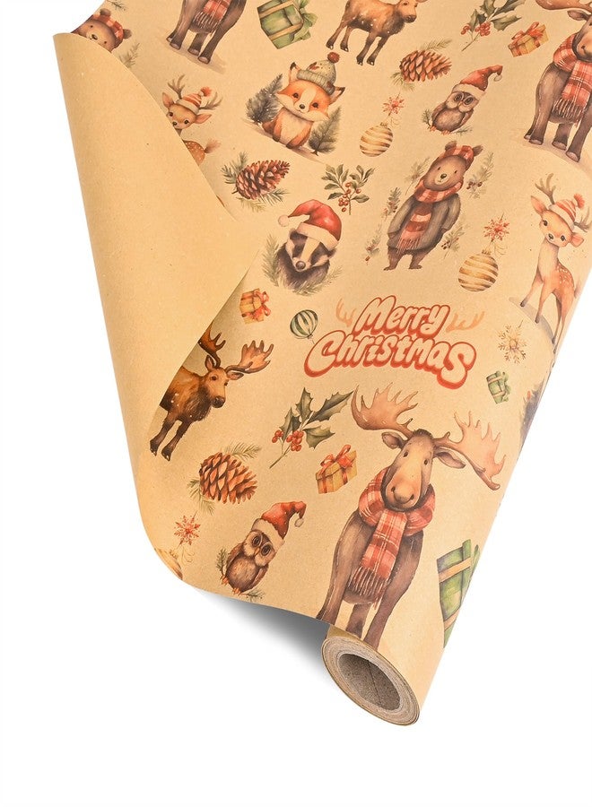 Vnaaem Woodland Animal Christmas Wrapping Paper Roll for Boys kids - Winter Woodland Animals & Santa Hats, Pines Design Kraft Gift Wrap for Holiday Party Celebration Winter DIY Craft - 17 In X 20 Ft(Total 28.5sq.ft - Image 2