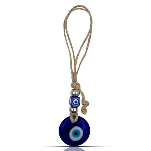 VKORA Handmade Blue Glass Evil Eye Hanging for Good Luck Zodiac Success Health Wealth Prosperity | Decoration for Home Office Garden and Car Hanging |Nazar Battu (Silver Blue) - Image 1