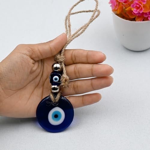 VKORA Handmade Blue Glass Evil Eye Hanging for Good Luck Zodiac Success Health Wealth Prosperity | Decoration for Home Office Garden and Car Hanging |Nazar Battu (Silver Blue) - Image 2