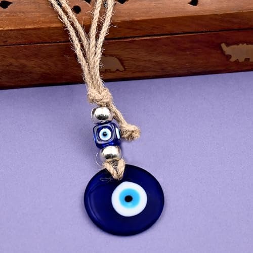 VKORA Handmade Blue Glass Evil Eye Hanging for Good Luck Zodiac Success Health Wealth Prosperity | Decoration for Home Office Garden and Car Hanging |Nazar Battu (Silver Blue) - Image 4