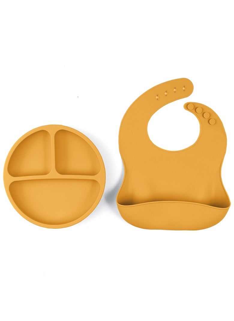 Children's Silicone Tableware Set Baby Food Tray Tableware (Tray + Saliva Pocket) Yellow Two-Piece Set - Image 1