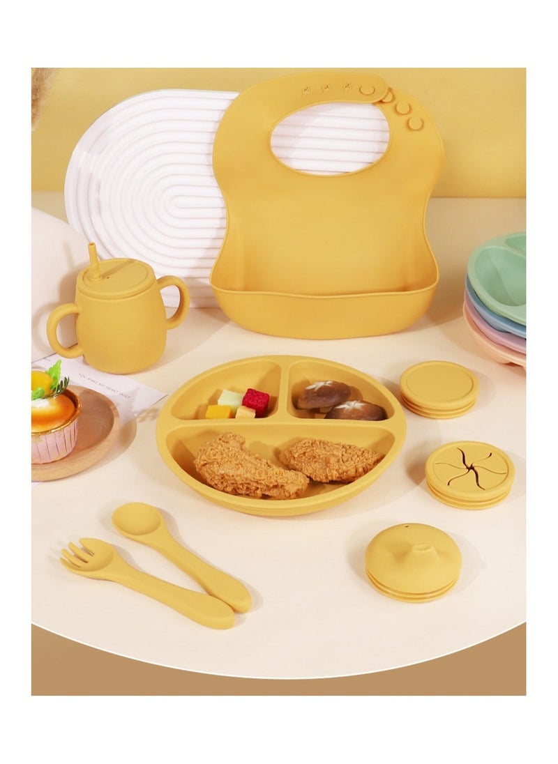 Children's Silicone Tableware Set Baby Food Tray Tableware (Tray + Saliva Pocket) Yellow Two-Piece Set - Image 5