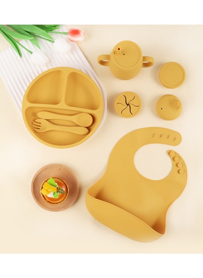 Children's Silicone Tableware Set Baby Food Tray Tableware (Tray + Saliva Pocket) Yellow Two-Piece Set - Image 4