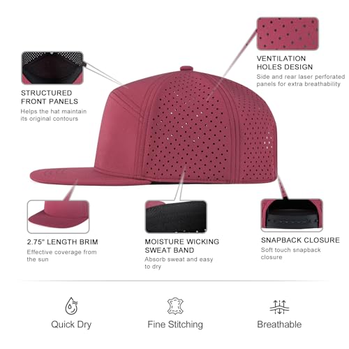 FEINION Men Flat Brim Adjustable Performance Hat Snapback Laser Perforated Baseball Cap (Burgundy) - Image 3