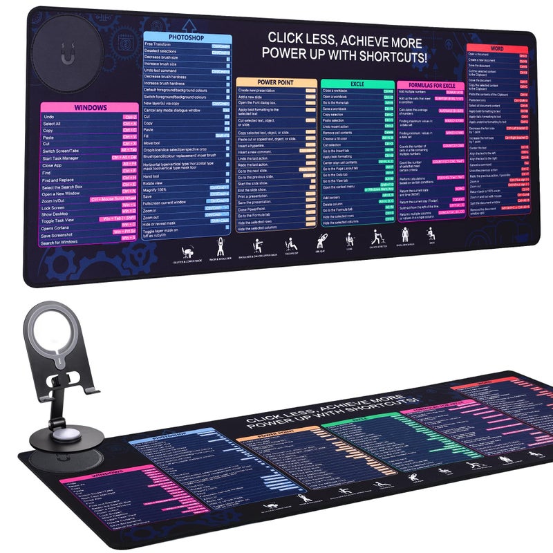 WeYingLe Excel Cheat Sheet Wireless Mouse Pad with Phone Stand, 31.5"x12" Extended Excel Shortcuts Desk Pad, Waterproof Ultra-Smooth Keyboard Mat, Non-Slip Base (Phone Stand NOT Charger) - Image 1