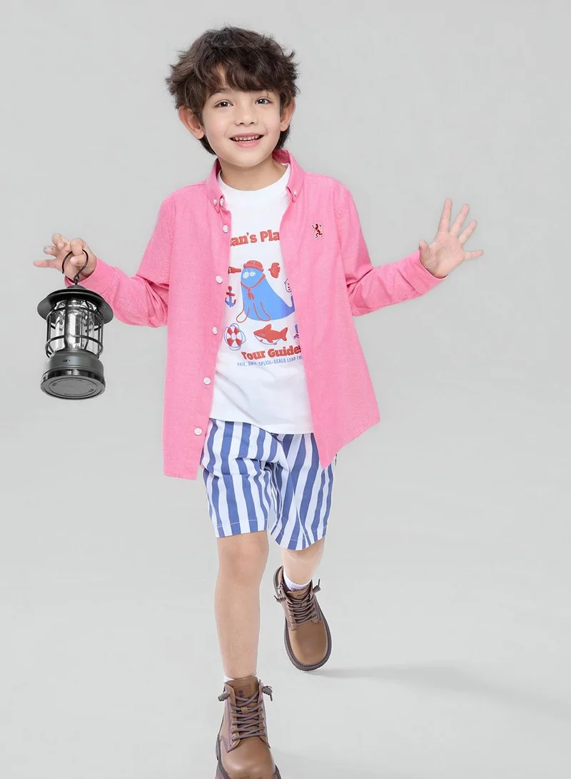 جيوردانو Kid's Cotton Oxford Long Sleeve Shirt with Embroidery