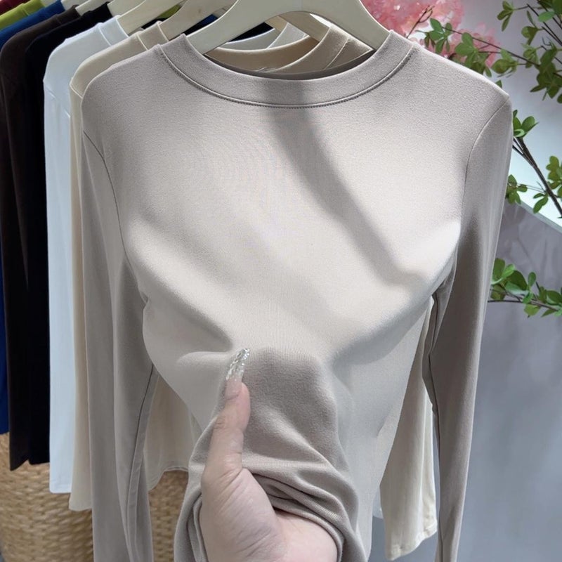 2024 New Base Shirt Womens Suit Inner Spring Autumn Winter Round Neck Long Sleeve T-shirt Slim Fit Top Solid Color Simple Milk tea