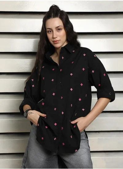 هاي ستار Women's Black 100% Cotton Embroidered Button Down Oversized Shirt