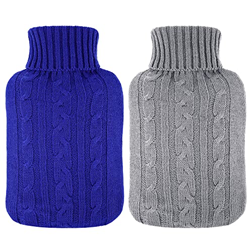 Vesici 2 Pieces Hot Water Bottle Cover Soft Cover Only Knitted Hot Water Bottle Sweater for Winter Compress and Cold Therapy, Menstrual Cramps, Neck, Shoulder Pain Relief(RoyalBlue, Grey) - Image 1