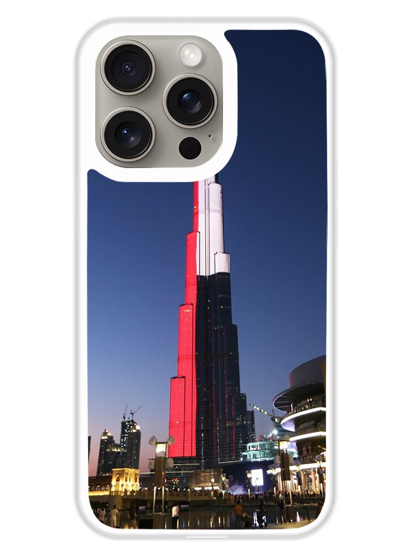 Theodor Protective Case Cover For APPLE IPHONE 15 Pro Max UAE Flag on Burj Khalifa (White Bumper) - Image 1
