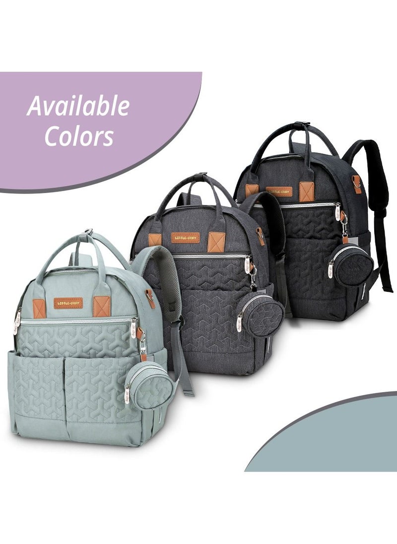 Little Story - Quilted Diaper Backpack With Pacifier Bag And Stroller Hooks - Grey - Image 1