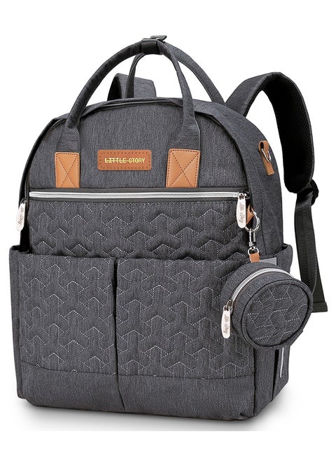 Quilted Diaper Backpack With Pacifier Bag And Stroller Hooks - Grey
