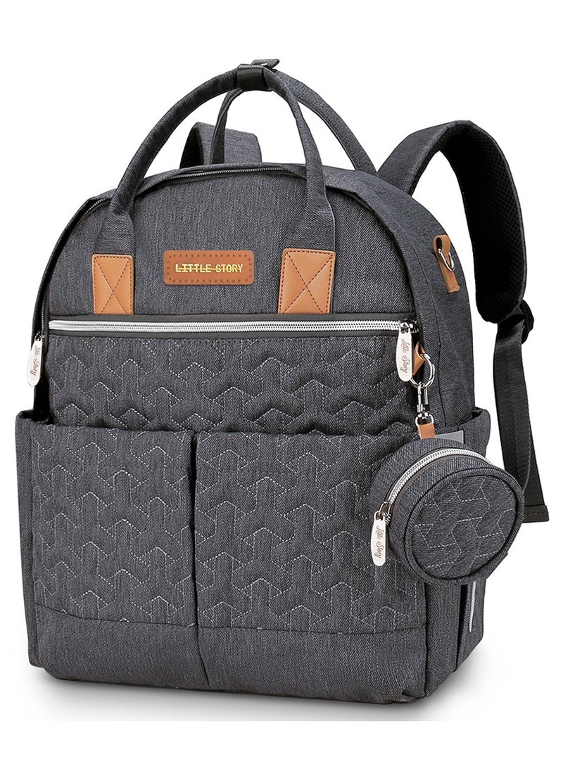 Little Story - Quilted Diaper Backpack With Pacifier Bag And Stroller Hooks - Grey - Image 1