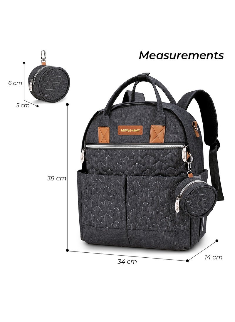 Little Story - Quilted Diaper Backpack With Pacifier Bag And Stroller Hooks - Grey - Image 1