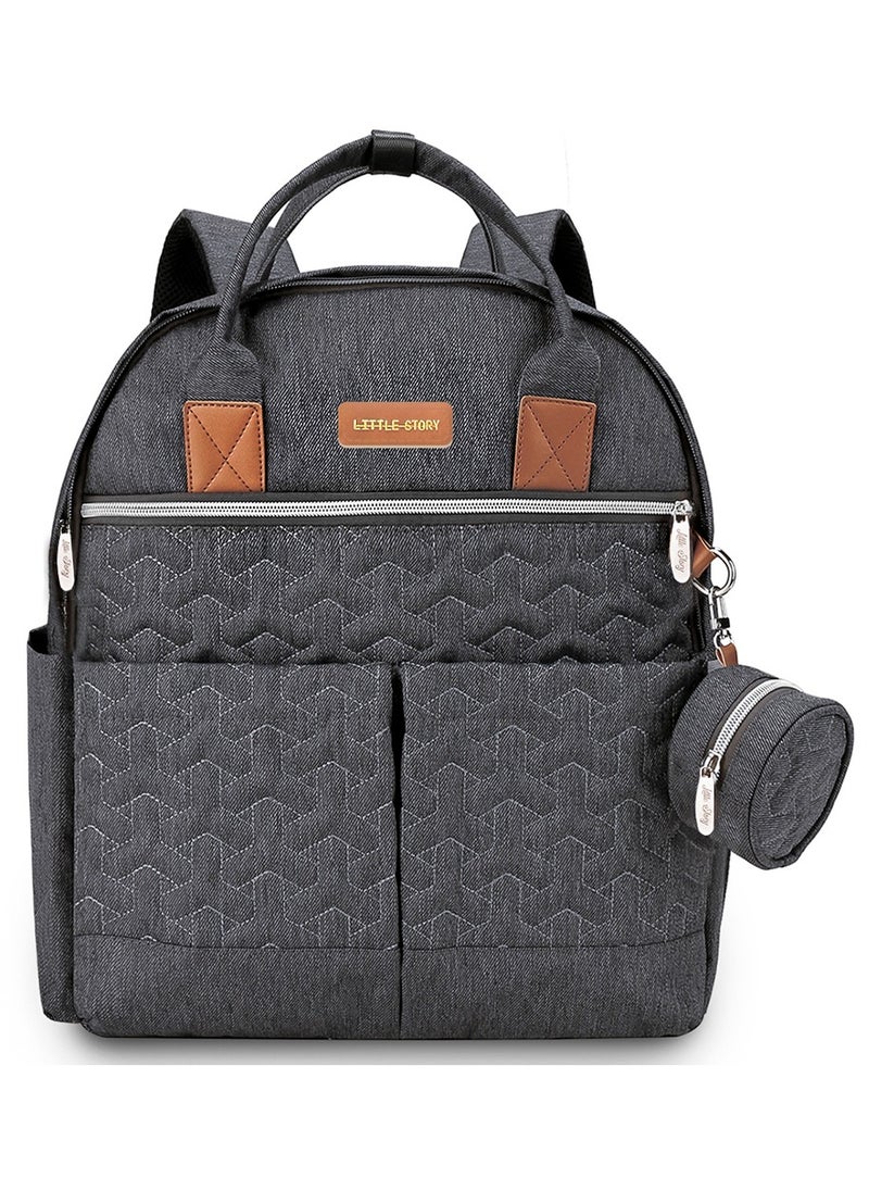 Little Story - Quilted Diaper Backpack With Pacifier Bag And Stroller Hooks - Grey - Image 1