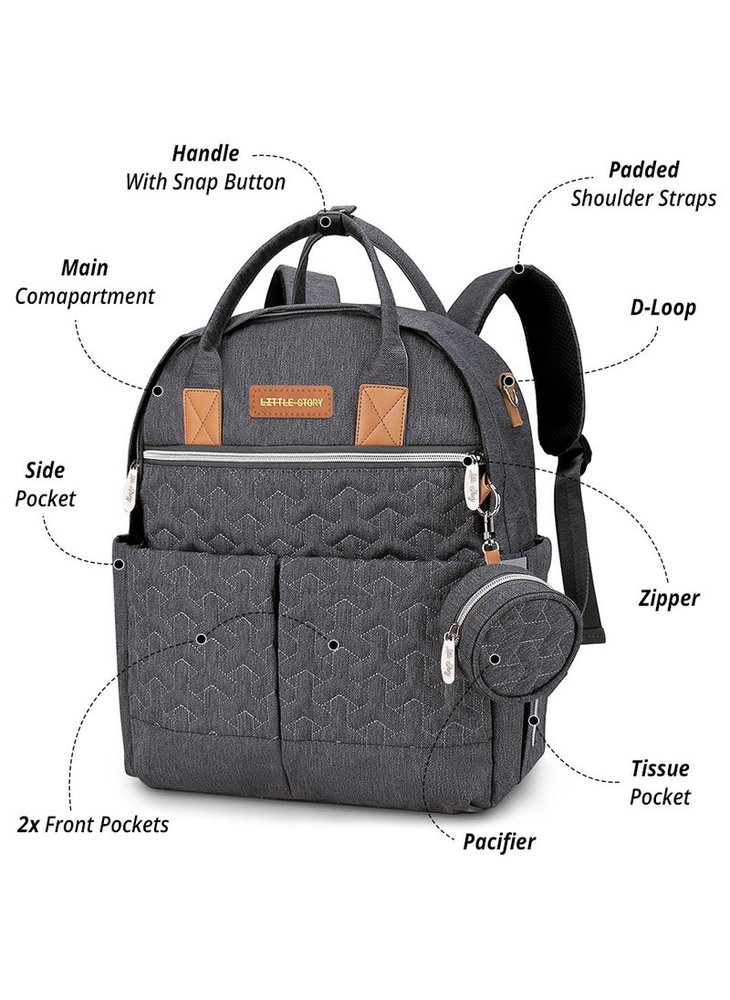 Little Story - Quilted Diaper Backpack With Pacifier Bag And Stroller Hooks - Grey - Image 1