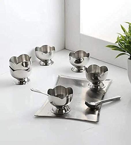 KDZONE KDZONE Stainless Steel Lotus Design Dessert Ice Cream Cups with Spoon 6 Psc Bowl Set Silver Serving Bowl for Ice Cream Fruits Pudding Gift Article  - Image 4