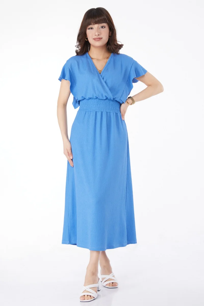 Tofisa Plain Double Breasted Women's Blue Elastic Waist Dress - 25112