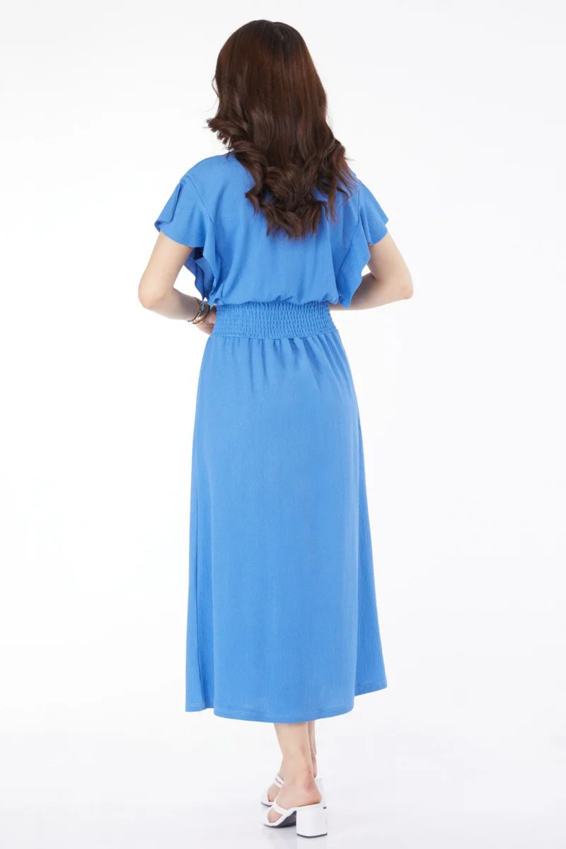 Tofisa Plain Double Breasted Women's Blue Elastic Waist Dress - 25112