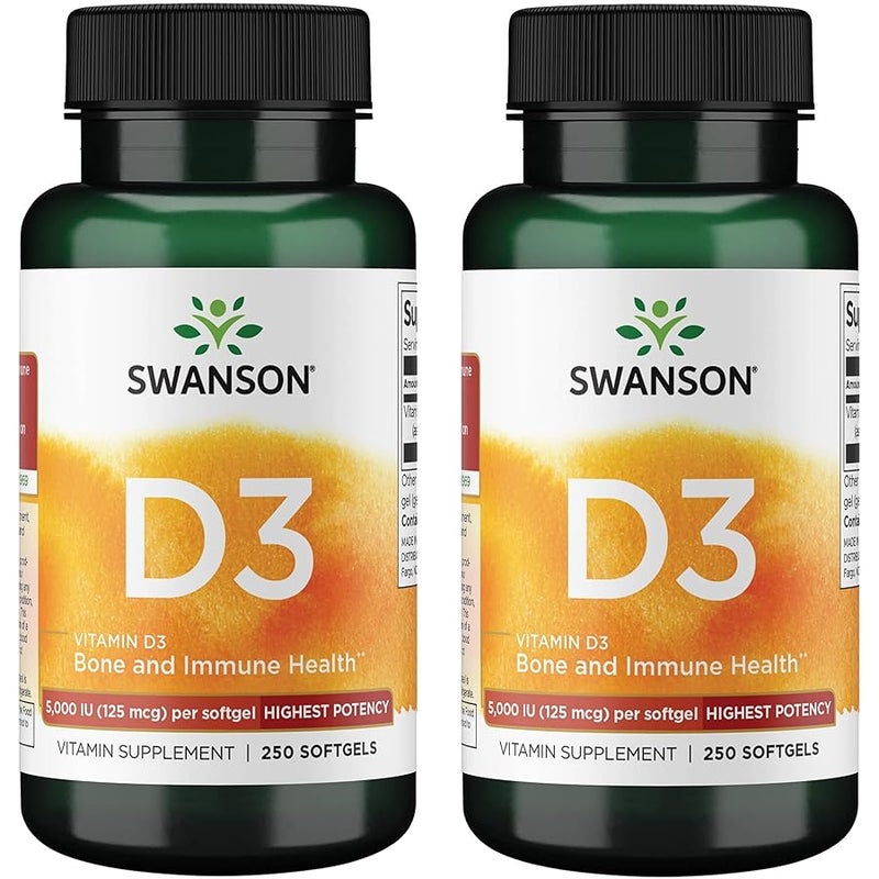SWANSON Vitamin D3 5,000 IU Bone, Immune, and Heart Health Supplement for Sun-Deprived Adults Seeking Bone, Immune, and Heart Support - 125 mcg Cholecalciferol (250 Softgels, 2 Pack) - Image 1