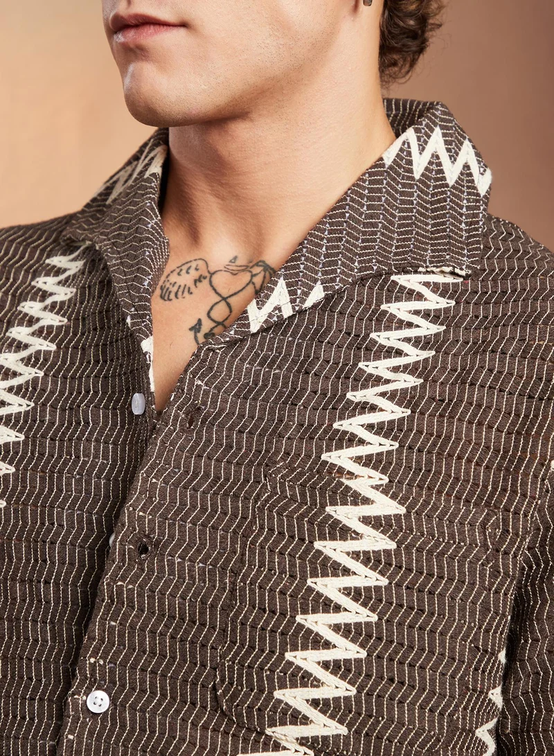 Campus Sutra Campus Sutra Men's Chocolate Brown Ziggy-Weave Oversized Shirt For Casual Wear | Spread Collar | Short Regular Sleeves | Button Closure | Oversized Shirt Crafted With Comfort Fit For Everyday Wear