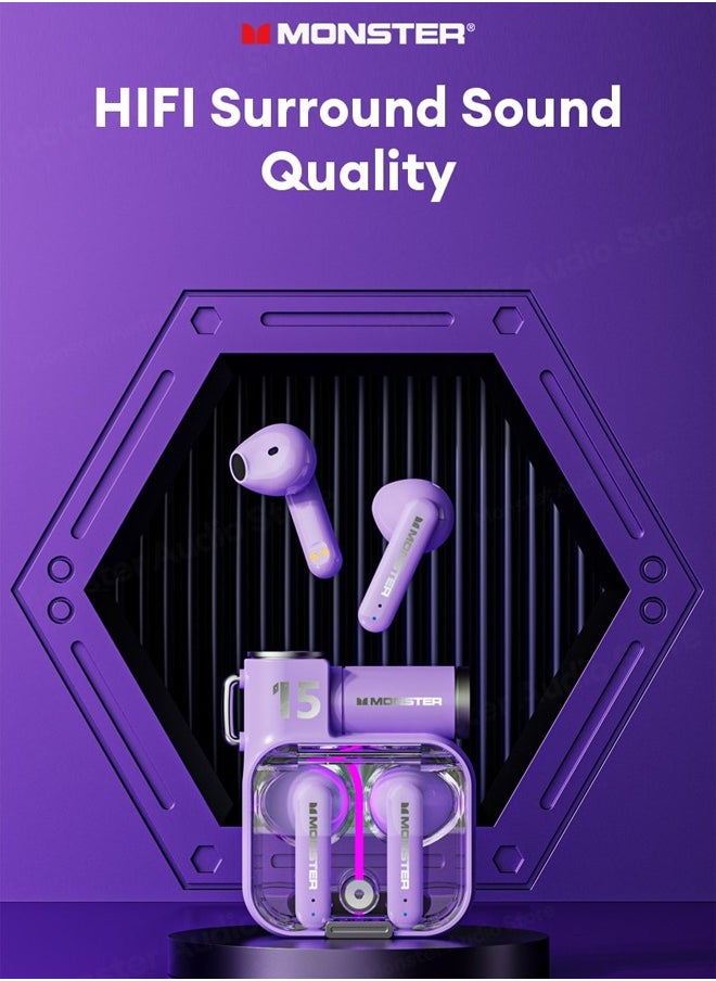 Monster - Monster XKT15 Wireless Bluetooth Earbuds Gaming Headphones Deep Bass Low Latency Game Headset with Built in Microphone Noise Canceling Comfortable to wear Violet - Image 1