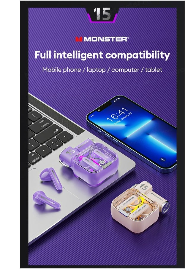 Monster - Monster XKT15 Wireless Bluetooth Earbuds Gaming Headphones Deep Bass Low Latency Game Headset with Built in Microphone Noise Canceling Comfortable to wear Violet - Image 1