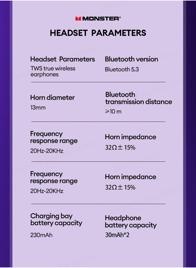 Monster - Monster XKT15 Wireless Bluetooth Earbuds Gaming Headphones Deep Bass Low Latency Game Headset with Built in Microphone Noise Canceling Comfortable to wear Violet - Image 1