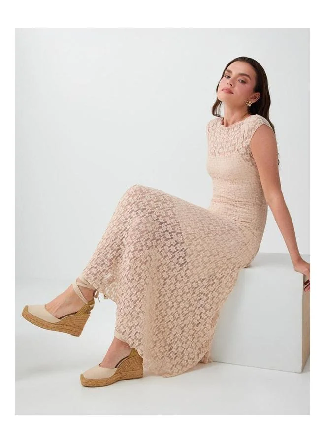 Jimmy Key Tan-colored Boat Neck Lace-trimmed Midi Dress.