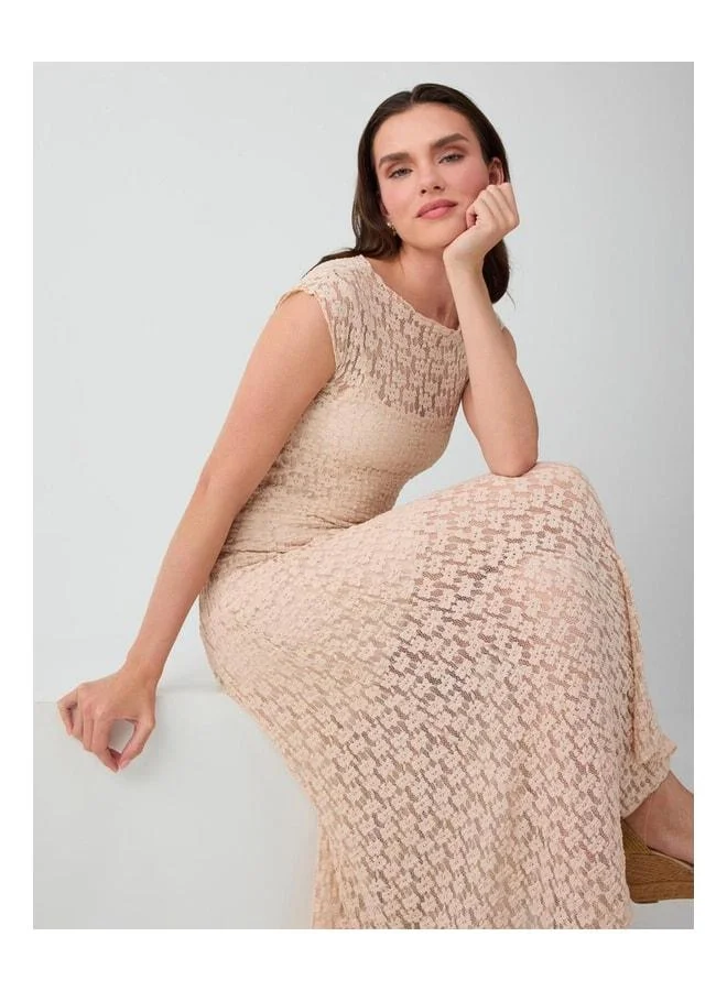 Jimmy Key Tan-colored Boat Neck Lace-trimmed Midi Dress.