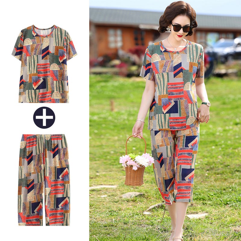 Summer Round Neck Tee  Capris Silk Set for Women Red and green plaid 