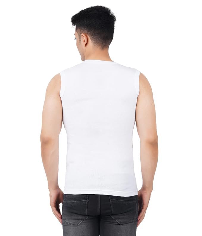 GMR Men's Cotton Close Neck Muscle Tee White Regular Fit Vest - 90cm (Pack of 3), Large - Image 3