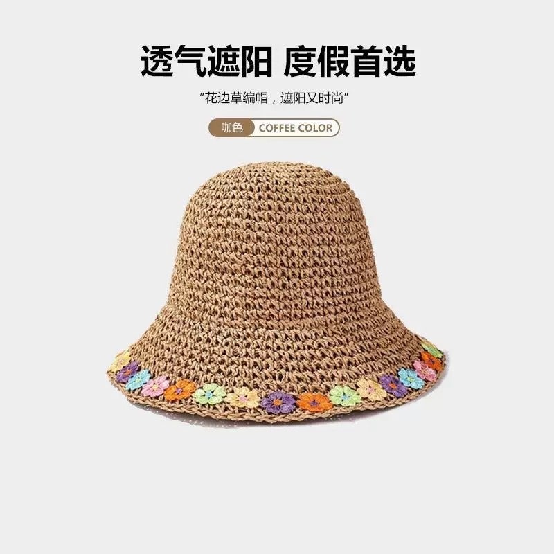 Summer Casual Straw Hat with Lace Trim - Sun Protection & Breathable Wide Brim Hat for Beach Outdoor
