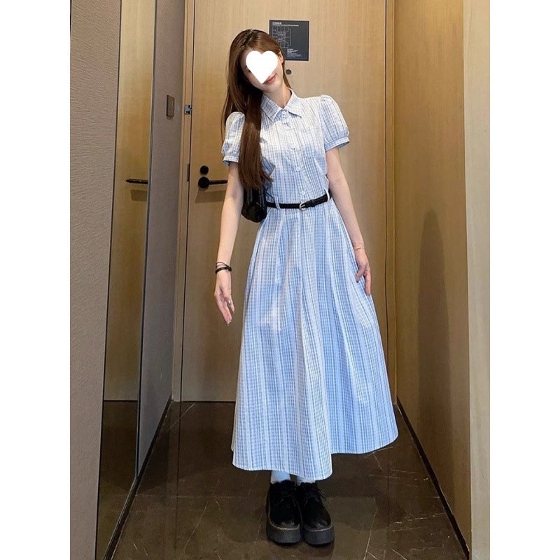French-Style Blue Slimming Summer Shirt Dress - Image 4