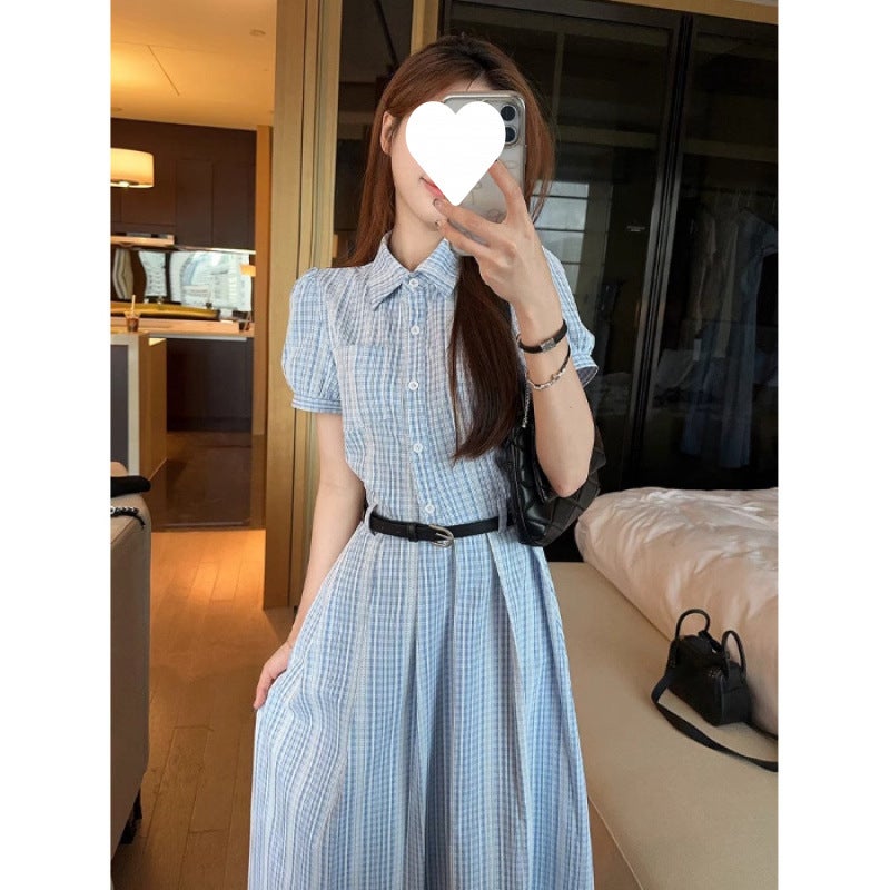 French-Style Blue Slimming Summer Shirt Dress - Image 1