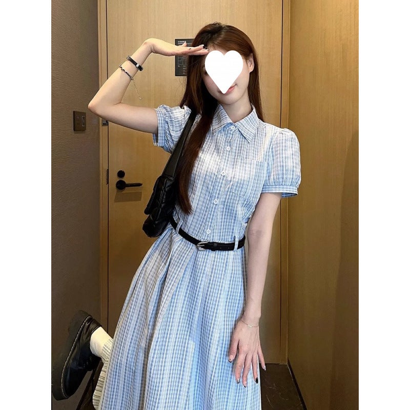 French-Style Blue Slimming Summer Shirt Dress - Image 5
