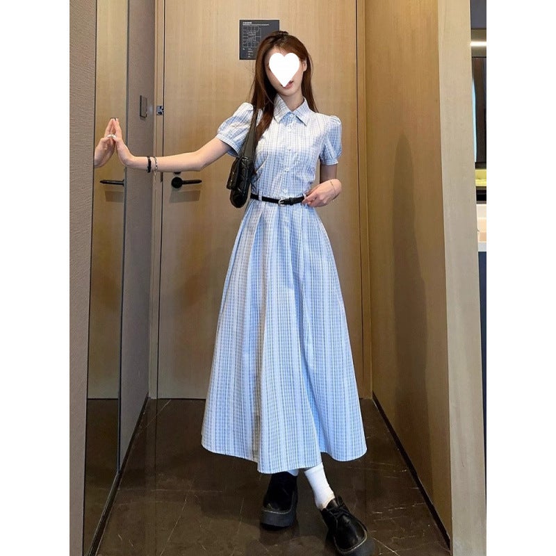 French-Style Blue Slimming Summer Shirt Dress - Image 3