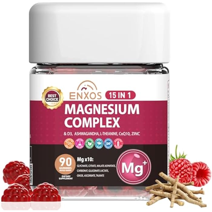 ENXOS 15-in-1 Magnesium Complex Gummies 350 mg/Serv with Ashwagandha Root,Vitamin D3,L-Theanine,Zinc Gluconate,CoQ10, Stress Relief Glycinate Gummy, Sugar Free Chews Supplement for Adults Sleep (Raspberry) - Image 1
