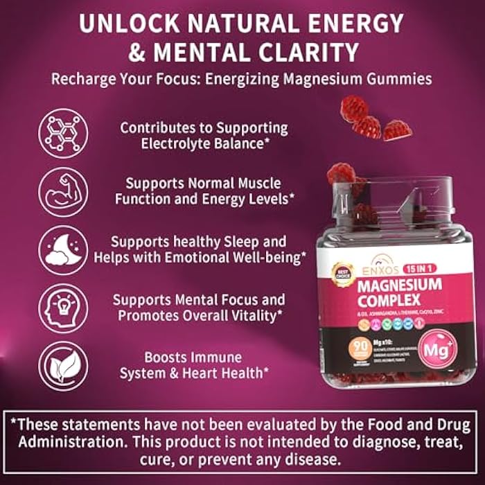 ENXOS 15-in-1 Magnesium Complex Gummies 350 mg/Serv with Ashwagandha Root,Vitamin D3,L-Theanine,Zinc Gluconate,CoQ10, Stress Relief Glycinate Gummy, Sugar Free Chews Supplement for Adults Sleep (Raspberry) - Image 5