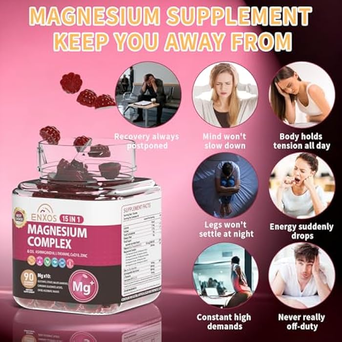 ENXOS 15-in-1 Magnesium Complex Gummies 350 mg/Serv with Ashwagandha Root,Vitamin D3,L-Theanine,Zinc Gluconate,CoQ10, Stress Relief Glycinate Gummy, Sugar Free Chews Supplement for Adults Sleep (Raspberry) - Image 4