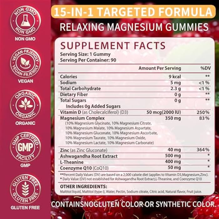 ENXOS 15-in-1 Magnesium Complex Gummies 350 mg/Serv with Ashwagandha Root,Vitamin D3,L-Theanine,Zinc Gluconate,CoQ10, Stress Relief Glycinate Gummy, Sugar Free Chews Supplement for Adults Sleep (Raspberry) - Image 2